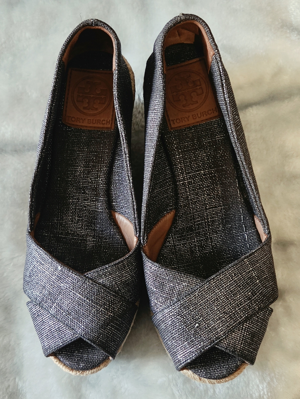 Tory Burch Woven Espadrille Wedge Sandals Black & Gray